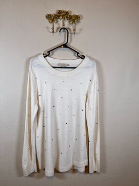 LOFT Cream Long-Sleeve Sweater with Multicolor Dot Embroidered Accents. Size L